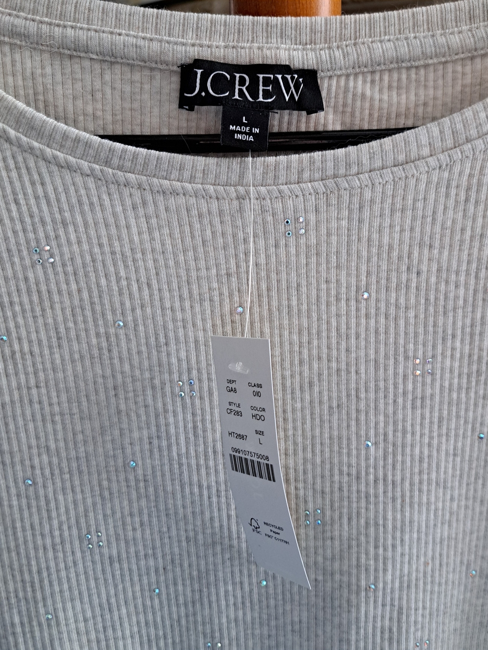J. Crew Light Gray Ribbed Knit Top with Iridescent Studs